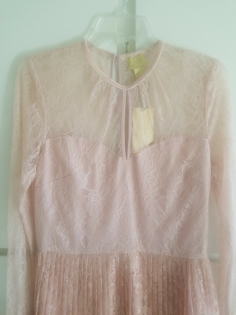h and m pink lace dress H&M blush long sleeve lace top pleated skirt dress, women size 8, side zip,  NWT