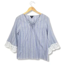 A.N.A Blue and White Lace Trim Cropped Sleeve Blouse Size Medium