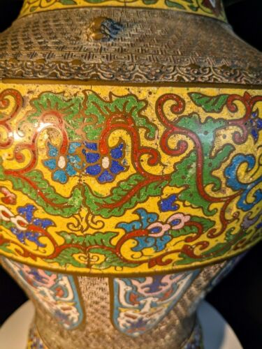Japanese Champlevé /Cloisonné Vase Bronze & Enamel 18" Height 12"Diameter - Picture 3 of 5