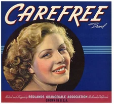 CAREFREE Vintage Redlands Orange Crate Label, Blonde Woman, *AN ORIGINAL LABEL*