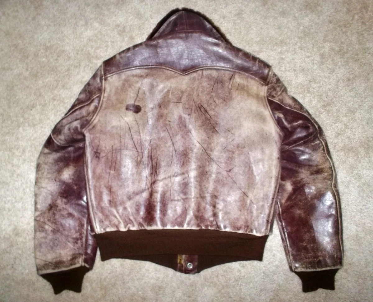 Vtg 1940s HORSEHIDE Mouton Collar A2 WW2 FLIGHT Bomber LEATHER Motorcycle  JACKET