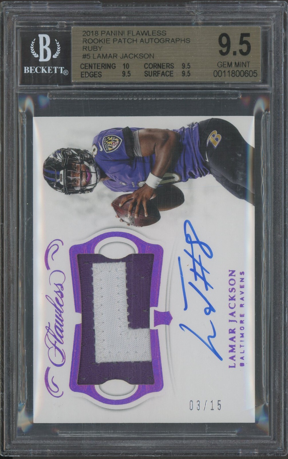 Lamar Jackson Panini Flawless Rookie Patch Autographs #LJ Ruby