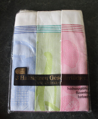 3 new tea towels, VEB FROTTANA Grossschönau/Oberroderwitz, half linen, motif