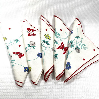 Vintage Hardy Craft Pure Linen Napkins Hand Printed Polka Dot Meadow Wildflowers