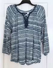 Chaps Blue White Striped Shirt   Tunic Top Boho   Tassels   Large