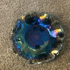 Indiana Glass Bowl Blue Iridescent Carnival Ruffled Edge Diamond Pattern Platter