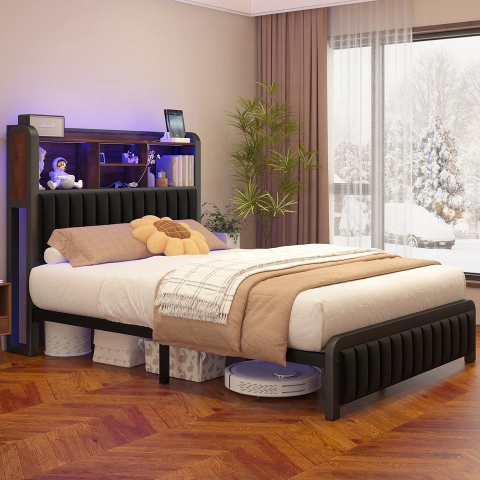 Full/Queen Size Bed Frame with Storage Headboard, LED Lights, Charging Station - Image 4 of 4