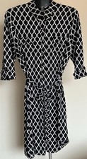 Black White Geometric Shirt Dress Tie Waist Stretch Fabric Size L XL
