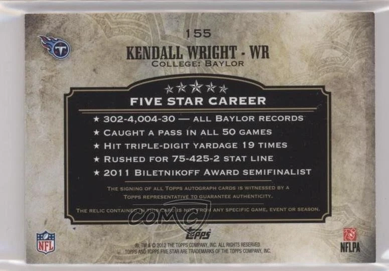 2012 Topps Five Star Gold /55 Kendall Wright #155 RPA Rookie Jumbo Patch Auto RC - Image 2 of 2