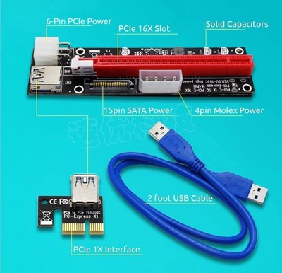 Crypto PCI-E Riser PCIE Extension Cable GPU PCI-E 1X to 16X  6Pin Power - 6 Sets