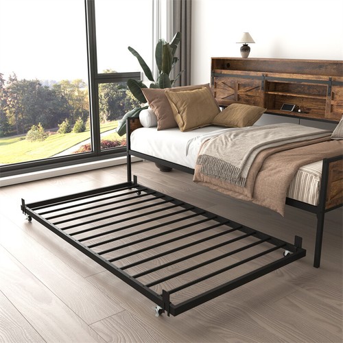 Twin Size Metal Daybed Frame w/Trundle,Wooden Storage Headboard & LED Light - Picture 6 of 11