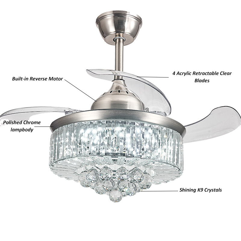 Miumaeov Invisible Crystal Ceiling Fan Light LED Chandelier Retractable