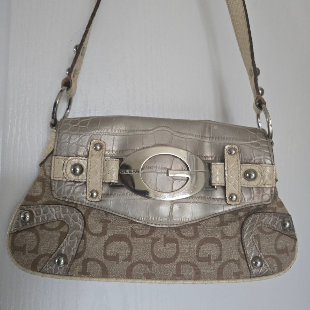 Vintage Guess Beige and Brown Shoulder Bag
