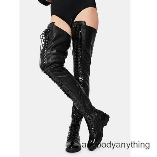Womens Ladies Over The Knee Flat Thigh High Boots Low Heel Lace Up Riding Shoes - Picture 9 of 22