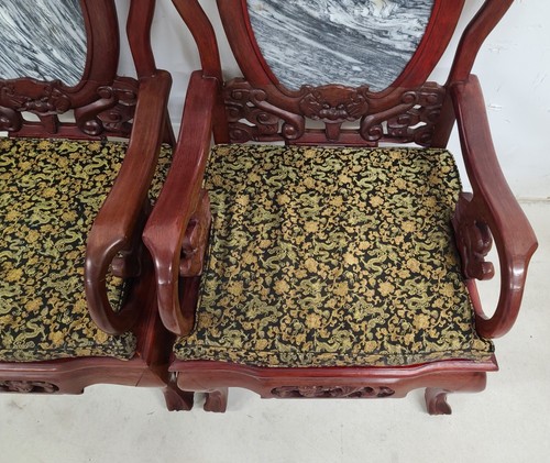 Mid Century Chinese Asian Rosewood & Marble Armchairs - A Pair - Picture 10 of 13