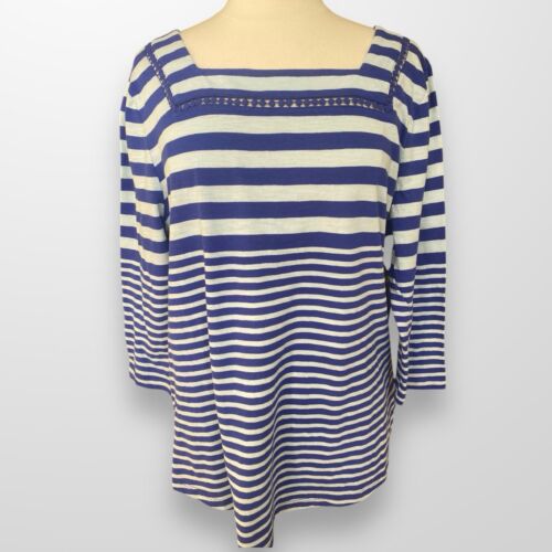 Style & Co Womens Size XXL Top Shirt Square Neck 3/4 Sleeve Blue Striped Tunic