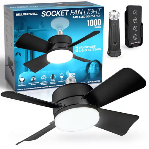 Bell + Howell 15.7-Inch Indoor Matte Black LED Socket Ceiling Fan with Remote