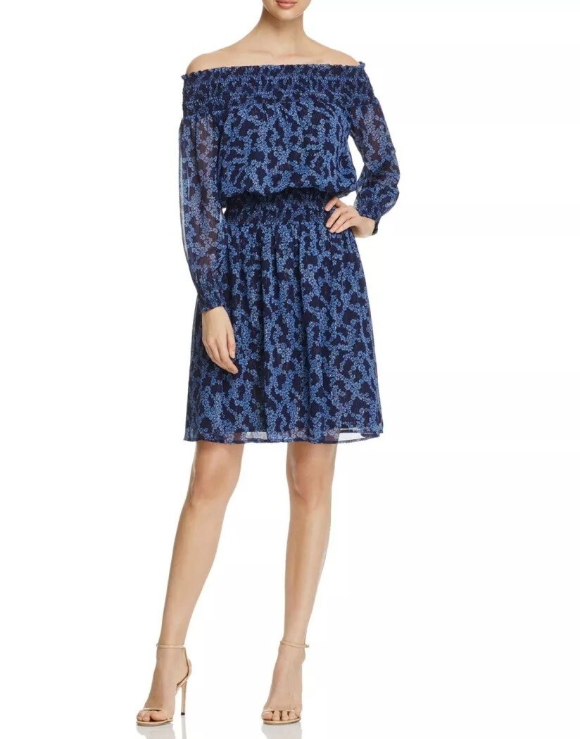 michael kors off shoulder dress NWT Michael Kors Blue Cloud Floral Smock Off Shoulder Tier Shift Dress Size S