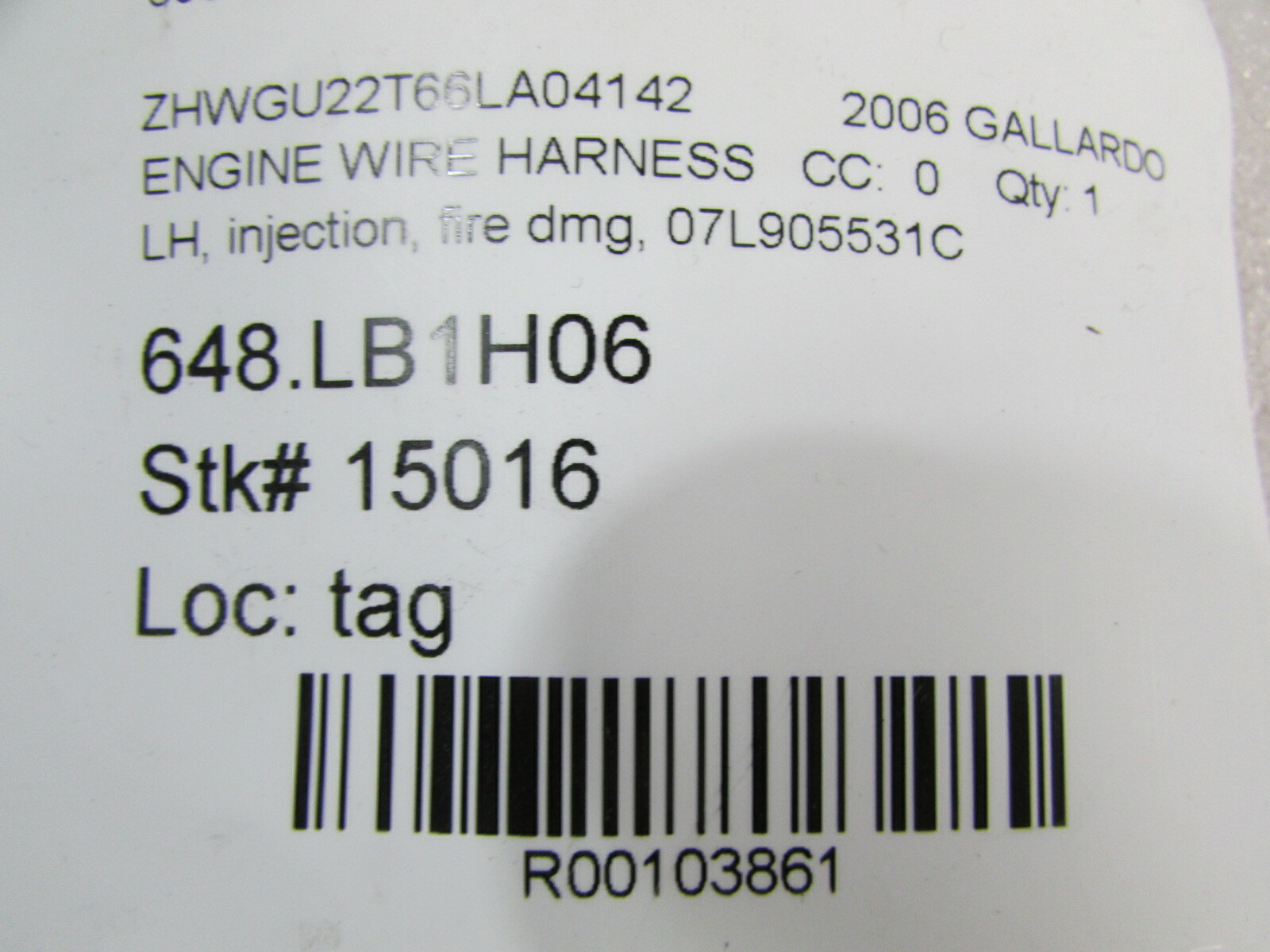 Lamborghini Gallardo, Cylinders 1-5 Injection Harness, Used, P/N 07L905531C