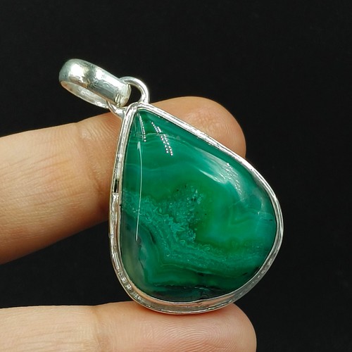 925 Sterling Silver Natural Malachite Pear Gemstone Pendant