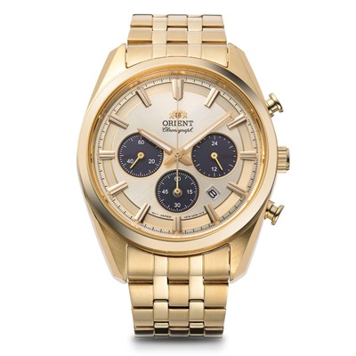 Orient Stretto Solar Chronograph Champagne Dial Gold Colour Strap Men s Watch