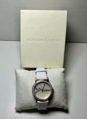 BCBGMAXAZRIA  Women's BG6245 Sparkling Stone Bezel MOP White Leather Strap Watch