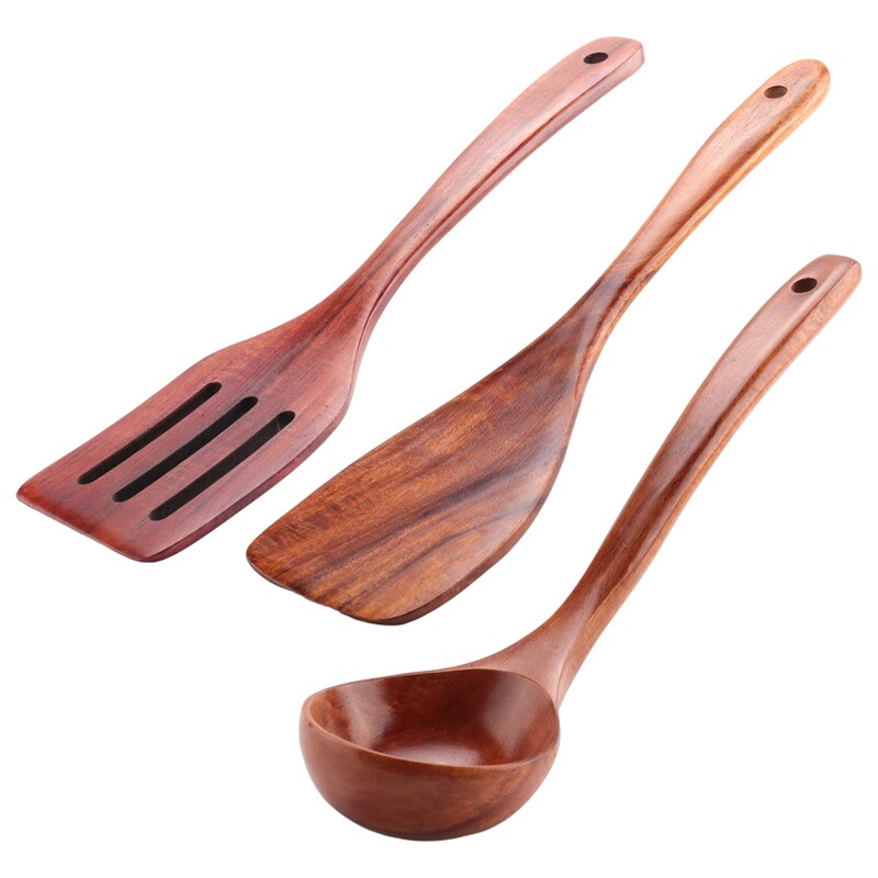 2X(7 Ustensiles de Cuisine en Bois Teck PièCes SéRies, CuillèRes