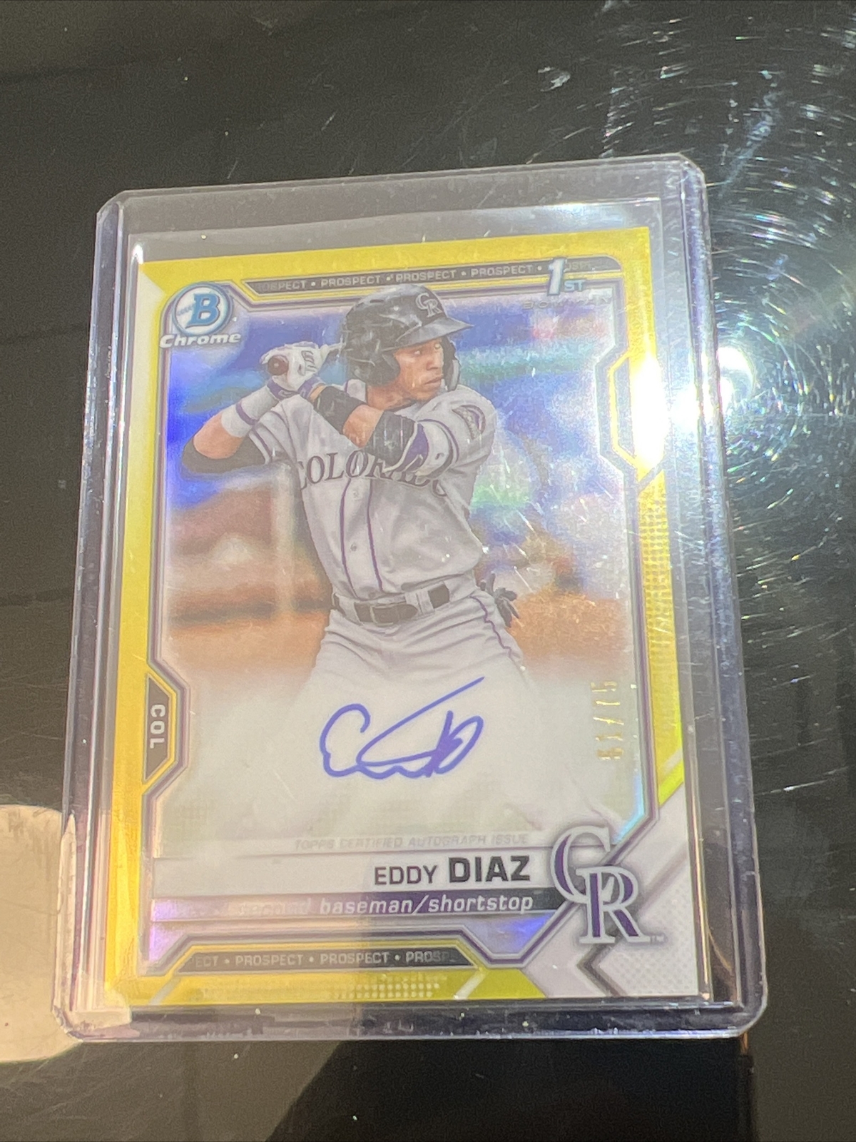 Eddy Diaz 2021 Bowman Chrome Auto Autograpg Yellow Refractor # /75 Rockies