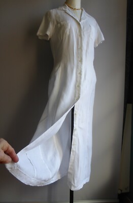 Robe Chemisier Blanc Bleu En Lin 100% – Taille 40, Manches Courtes, Longueur Mollet
