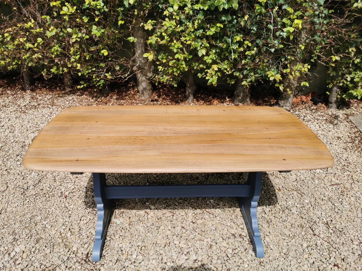 5FT 1960 S ERCOL SOLID ELM REFECTORY DINING TABLE STIFFKEY BLUE