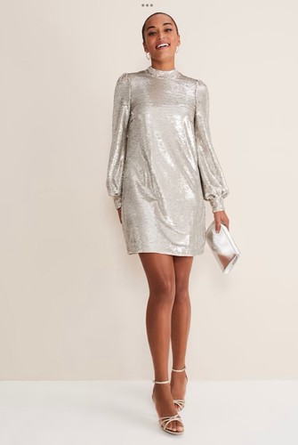 PHASE EIGHT SILVER SEQUIN MINI DRESS 20 VESTIDO FIESTA LENTEJUELAS PLATEADO NEW - Picture 3 of 8