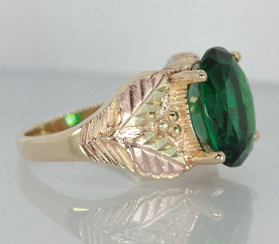Black Hills Gold Oval Lab Created Green Emerald Ladies Cocktail Ring Size 5 - Image 3 of 4