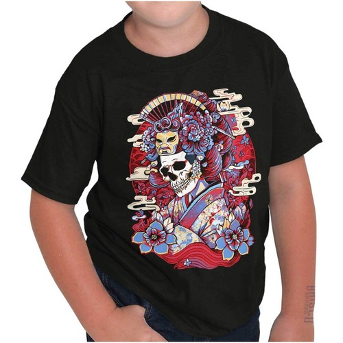 Traditional Skeleton Bone Geisha Flower Mask Youth Crewneck T Shirts Boy or Girl - Picture 7 of 7
