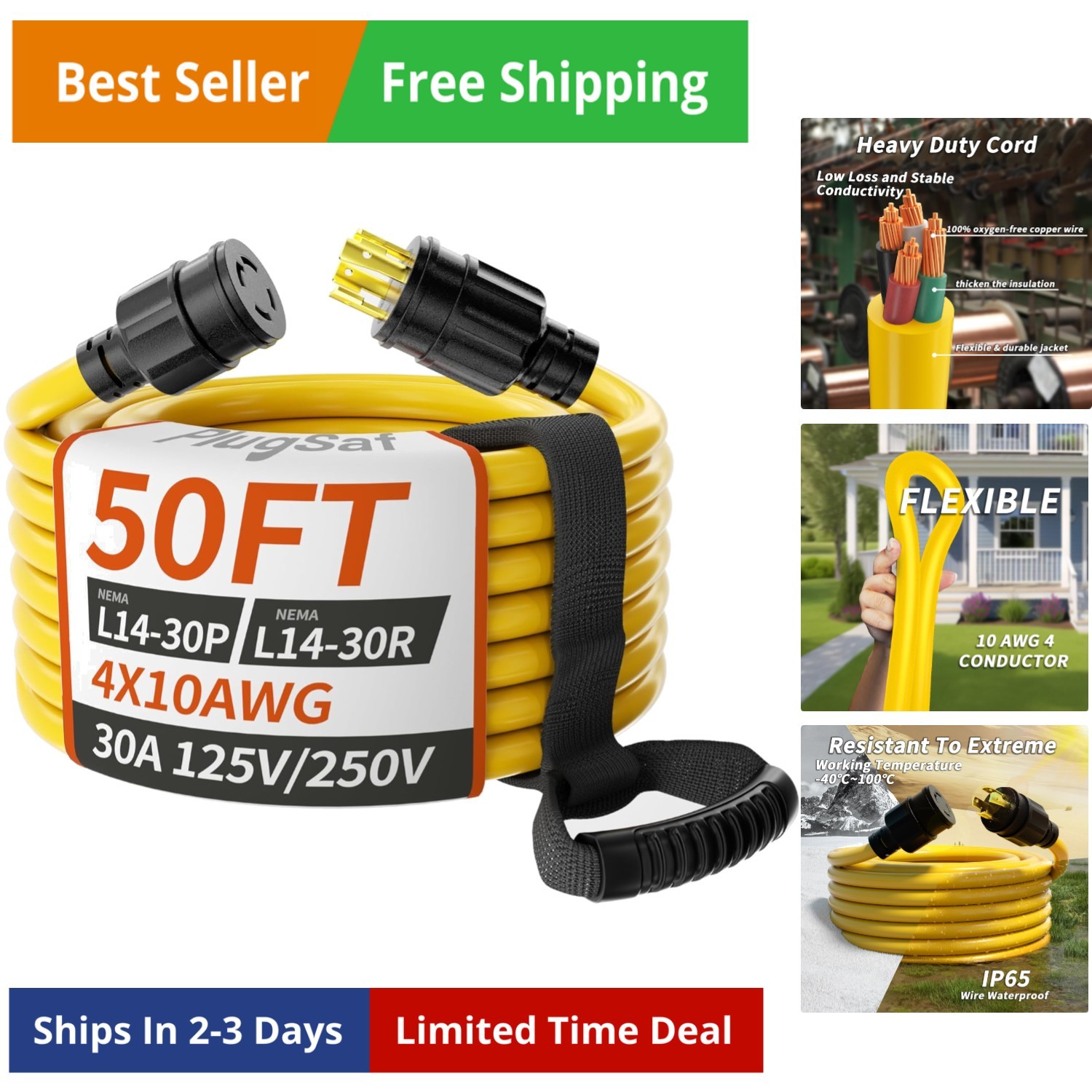 Extension Cord 4 Prong, Nema L14-30p/l14-30r 10 Gauge S...