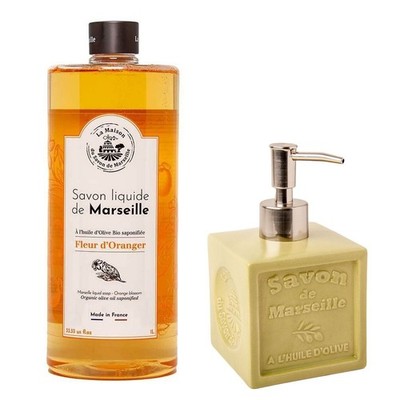 Französische Flüssigseife - Orangenblütenduft 1L - Keramik Seifenspender - 300ml