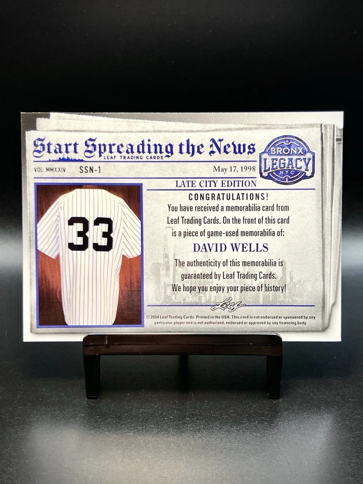 2024 Leaf Start Spreading The News Дэвид Уэллс ИДЕАЛЬНАЯ ИГРОВАЯ РЕЛИКВИЯ /4!!! Yankees - Изображение 3 из 3