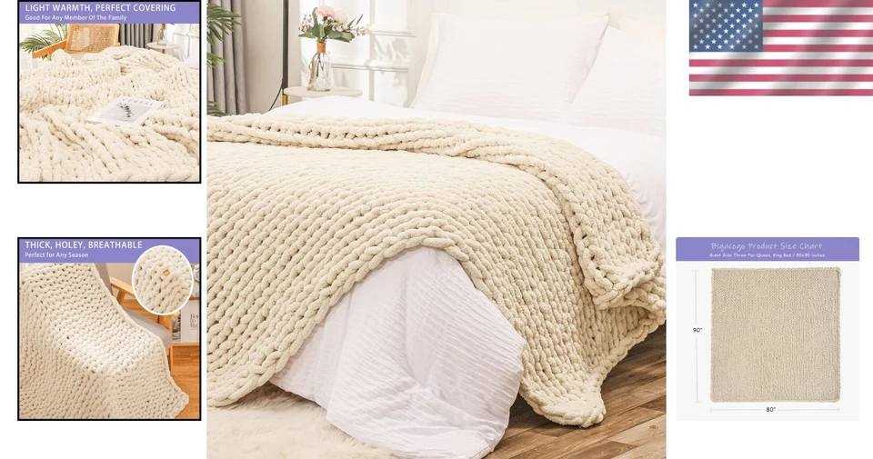 Chenille Yarn Blanket, 80x90 inches, Beige - Image 2 of 4