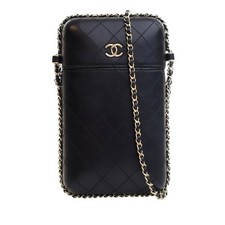Chanel Cc Quilted Lambskin Chain Around Phone Holder Women Black One Size