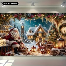 2D Flat, 1pc Christmas Santa Claus Gingerbread House Backdrop Banner - Festive W