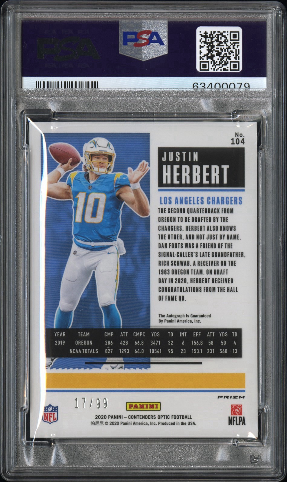 PSA 9/10 2020 Justin Herbert Contenders Optic RC Teal Rookie Ticket Autograph 99 view 2