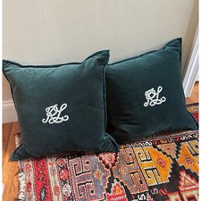 2 Ralph Lauren Home RL Bullion Monogram Velvet Throw Pillows set 18  X 18  green