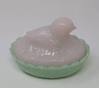 Fenton Glass Baby Chick on Nest Covered Dish - Jadite Base/Pink Satin Baby Chick