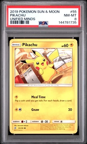 2019 POKEMON SUN & MOON UNIFIED MINDS #55 PIKACHU PSA 8