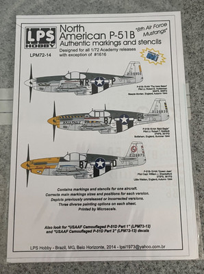 LPS Hobby Decals 1:72 P-51B Mustang for Academy, Arma,  etc #LPM7214