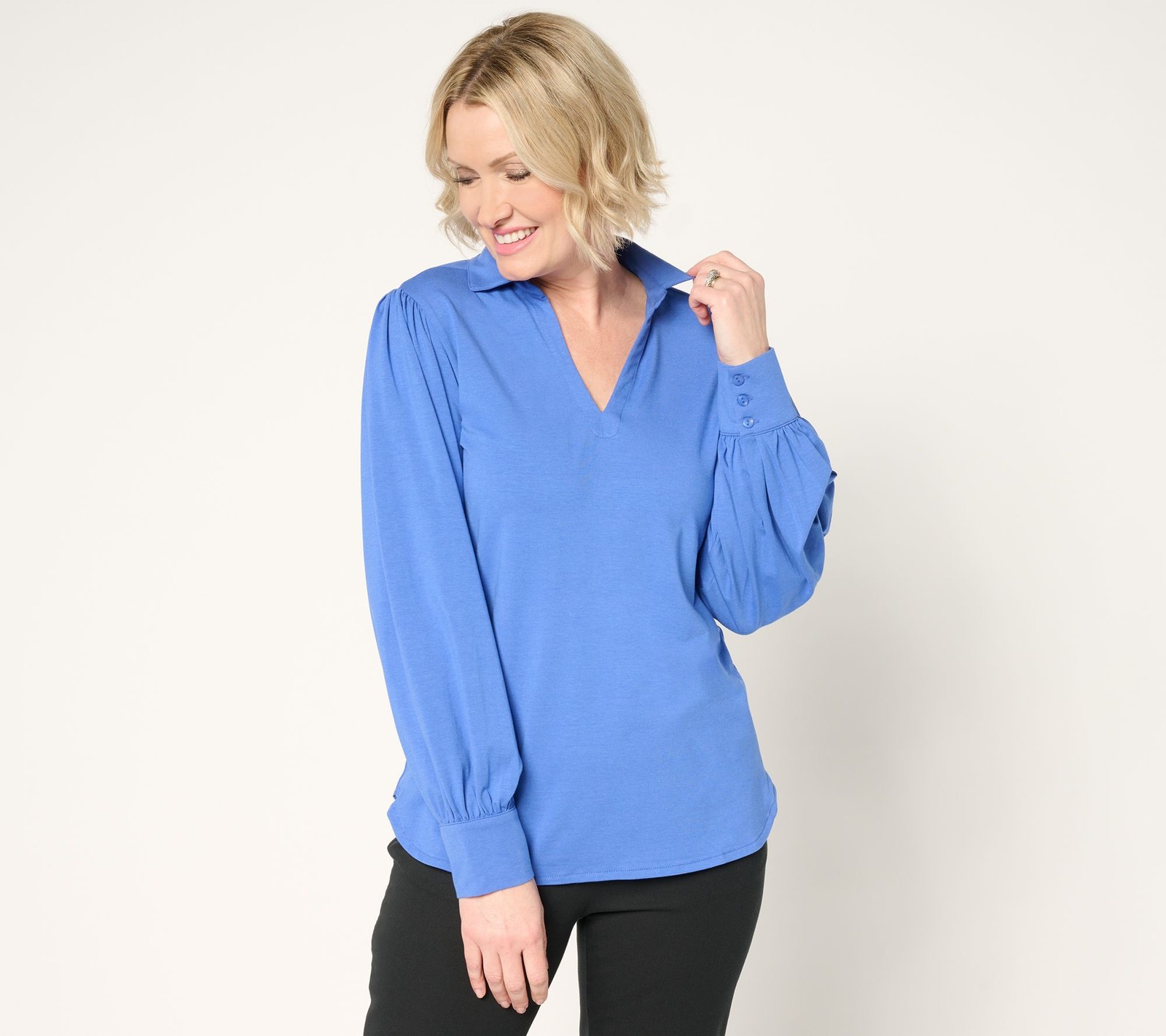 by Stacy London Women's Top Sz XL Blouson Sleeve Knit Collar Blue A682316