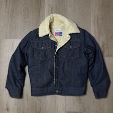 VTG Sears Put On Shop Dark Work Denim Jean Jacket Size 14 Sherpa Lining Trucker