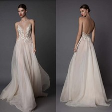 Spaghetti Straps Wedding Dress Appliques Sequin Backless Floor Length Bride Gown