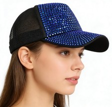 Bling Rhinestone Crystals Mesh Baseball One Size, Blue Diamond + Black Cap