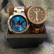 Michael Kors Women's 2pc Quartz Analog Watch Set Blue/Brown Logo w/ Box Manual