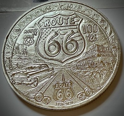 Route 66 Challenge Coin-Silver Colored-100 Year Anniversary-3D Route 66 Challenge Coin-Silver Colored-100 Year Anniversary-3D